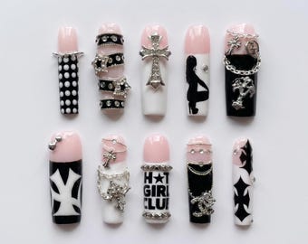 Hot Girl Club Press On Nails｜Black Pink Cross Chain Polka Dot Design｜Silver Charms Graphic Star Accent｜Y2K Baddie Long Square Nail Set