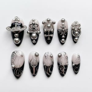 Vampire Bow Chain Press On Nails｜Glossy Black Red Gem Nail Set｜Mini Hat Cross Long Coffin Tips｜Dark Coquette Handmade Glue On Nails