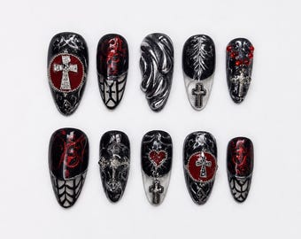 Red Gothic Cross Press On Nails｜Black Web Relic Nail Set｜Crimson Gem Skull Accents｜Dark Vampire Short Almond Manicure Fake Nails Gift