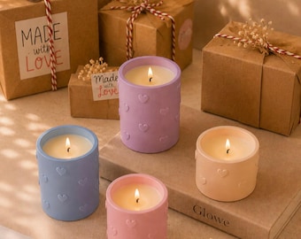 Pastel Heart Soy Wax Candle, Jesmonite Holder, Handmade Scented Candle (Set of 4)
