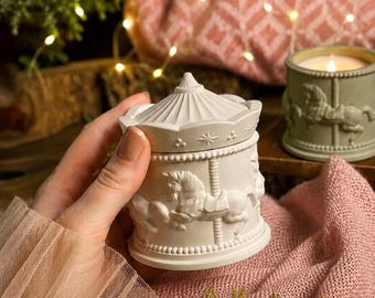 Carousel Soy Wax Candle with Lid, Vintage Merry Go Round Stone Jar, Horse Design, Concrete Decor