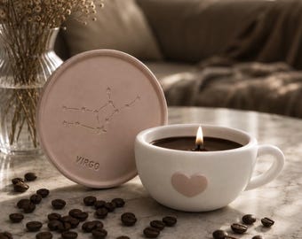 Zodiac Constellation Coffee Cup Candle, Heart Mug, Astrology Gift, Ceramic Lid