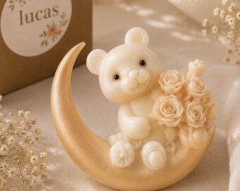 Handmade Teddy Bear Moon Soy Candle, Personalized Name Tag, Baby Shower Favor (8-10cm)