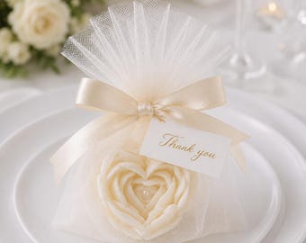Heart Rose Soy Candle Wedding Favor, Bridal Shower Engagement Gift, Ivory Tulle Wrapped (5x6cm)
