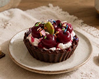 Realistic Cherry Tart Candle, Chocolate Dessert Wax Decor, Bakery Housewarming Gift