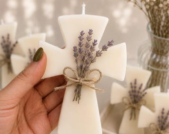 Cross Candle, Dried Lavender, Soy Wax, Baptism Favor, Boho Decor