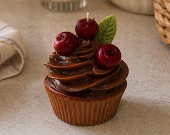 Realistic Chocolate Cupcake Candle with Cherries, Bakery Scented Decor
