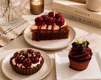 Realistic Dessert Candles Set, Cherry Tart, Muffin, Cake Slice, Bakery Gift Box