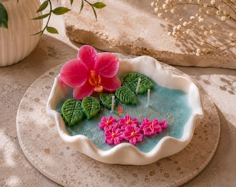 Soy Wax Orchid Candle, Stone Bowl, Flower Pond Scent, Eco-Friendly Home Decor