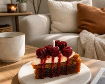 Realistic Cherry Cake Slice Candle, Soy Wax Dessert Decor, Gourmet Bakery Scented Candle