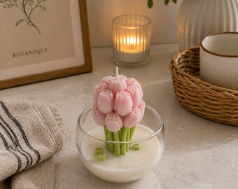 Hand-poured Soy Wax Tulip Bouquet Candle, Pink Floral Spring Home Decor