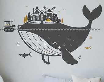 Wall Stickers for Kids Room - Whale Island - Large Wall Decals for Baby Nursery