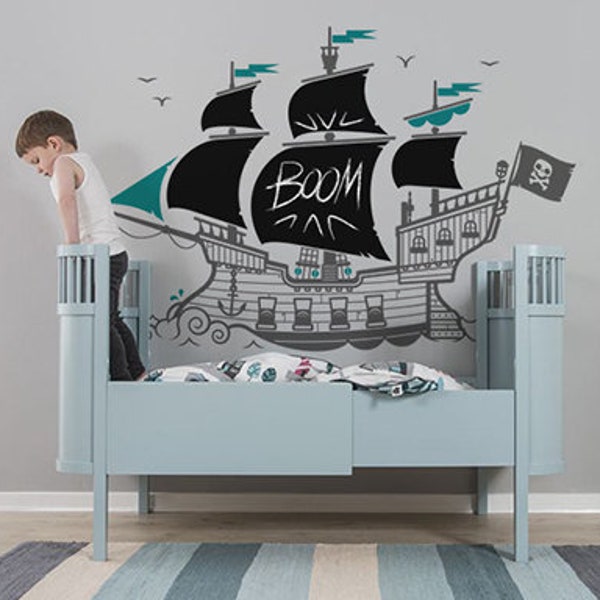 Stickers Enfant Ardoise - Bateau Pirate - Décoration Murale pour Chambre Garçon