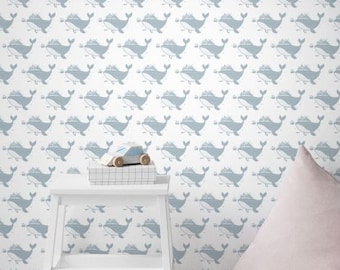 Cute Whale Wallpaper Mural - Grey Blue Whale Wallpapers for Baby Nursery, Boys Room, Girls Bedroom