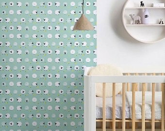 Schapen wallpaper muurschildering - Mint blauw behang voor baby kinderkamer of kinderkamer, aangepaste kleur kinderbehang