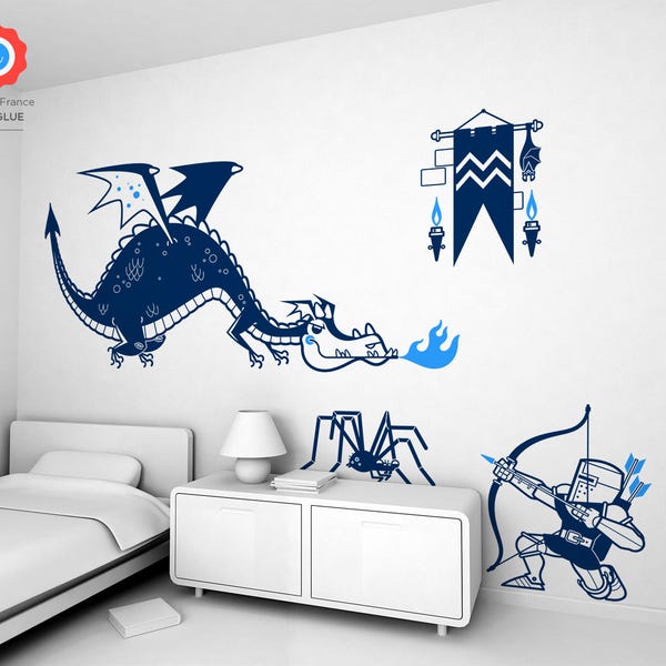Stickers muraux personnalisé Chevaliers et Dragons, décoration murale de chambre dragon, chambre d'enfant dragon, sticker mural chateau
