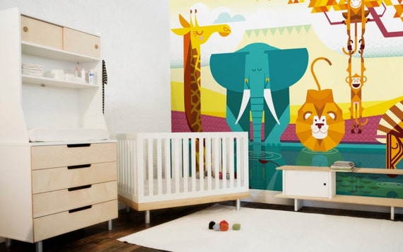Papier Peint Enfant Savane Animaux De La Jungle Safari Etsy Papier Peint Enfant Savane Animaux De La Jungle Safari Etsy