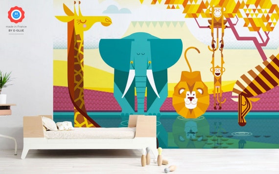 Papier Peint Enfant Savane Animaux De La Jungle Safari Etsy Papier Peint Enfant Savane Animaux De La Jungle Safari Etsy