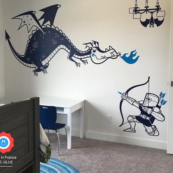 Stickers muraux personnalisé Chevalier et Dragons, décoration murale de chambre dragon, chambre d'enfant dragon, sticker mural design dragon