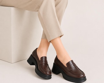 Penny Loafer mit Blockabsatz, Plateau-Slipper aus PU-Leder, Büro-Style