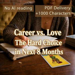 Pode incluir: Um caderno aberto com uma caneta na página, acompanhado por uma carta de tarot com uma figura segurando um pentáculo. O texto diz: No AI reading, PDF Delivery +1000 Characters, Career vs. Love The Hard Choice in Next 8 Months.