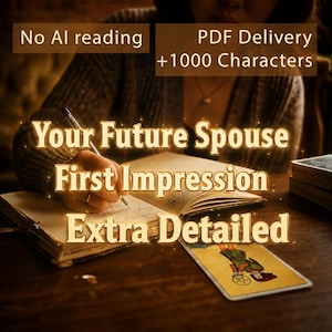 Könnte beinhalten: Ein offenes Buch mit handschriftlichen Notizen und eine Tarotkarte auf einer Holzoberfläche. Der Text auf dem Bild lautet "Your Future Spouse First Impression Extra Detailed". Zusätzlicher Text lautet "No AI reading" und "PDF Delivery +1000 Characters".