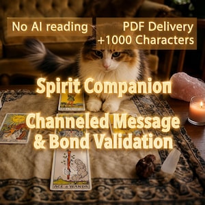 May include: A long-haired calico cat sits behind a tarot card spread on a patterned cloth. The cards include The Sun and Ace of Wands. Text reads: No AI reading, PDF Delivery +1000 Characters, Spirit Companion, Channeled Message & Bond Validation.