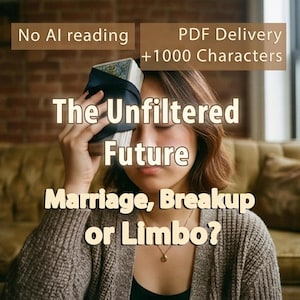 Könnte beinhalten: Ein Tarotkartendeck, das an die Stirn gehalten wird, mit dem Text: No AI reading, PDF Delivery +1000 Characters, The Unfiltered Future, Marriage, Breakup or Limbo? Die Karten sind mit einem schwarzen Band umwickelt und die Person trägt eine graue Strickjacke.
