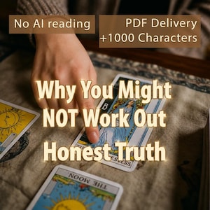 Puede incluir: Cartas de tarot dispuestas sobre una superficie, incluyendo La Sacerdotisa y La Luna. Los textos superpuestos dicen: No AI reading, PDF Delivery +1000 Characters, y Why You Might NOT Work Out Honest Truth. Las cartas presentan ilustraciones detalladas.