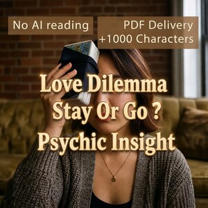 May include: A person holding a deck of tarot cards with the text "Love Dilemma Stay Or Go ? Psychic Insight". The image also includes the text "No AI reading" and "PDF Delivery +1000 Characters".