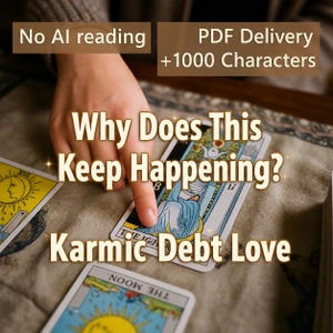 Puede incluir: Cartas de tarot dispuestas sobre una superficie con el texto Why Does This Keep Happening? Karmic Debt Love, No AI reading y PDF Delivery +1000 Characters. Una carta muestra una figura con túnica azul, otra un sol y la tercera la luna.