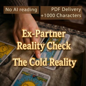 May include: Image of tarot cards with the text "Ex-Partner Reality Check The Cold Reality." The cards are on a textured surface. Additional text includes "No AI reading" and "PDF Delivery +1000 Characters."