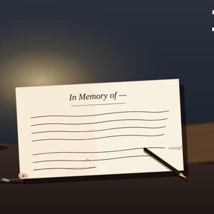 May include: An illustration of a lit candle next to a sheet of paper with the words "In Memory of -" and lines for writing. A pencil rests on the paper, and the text "100 SCRIPTS" is in the upper right corner.