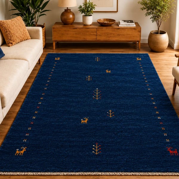 Navy Blue Moroccan Tribal Rug – Handmade Berber Area Carpet for Boho Living Room