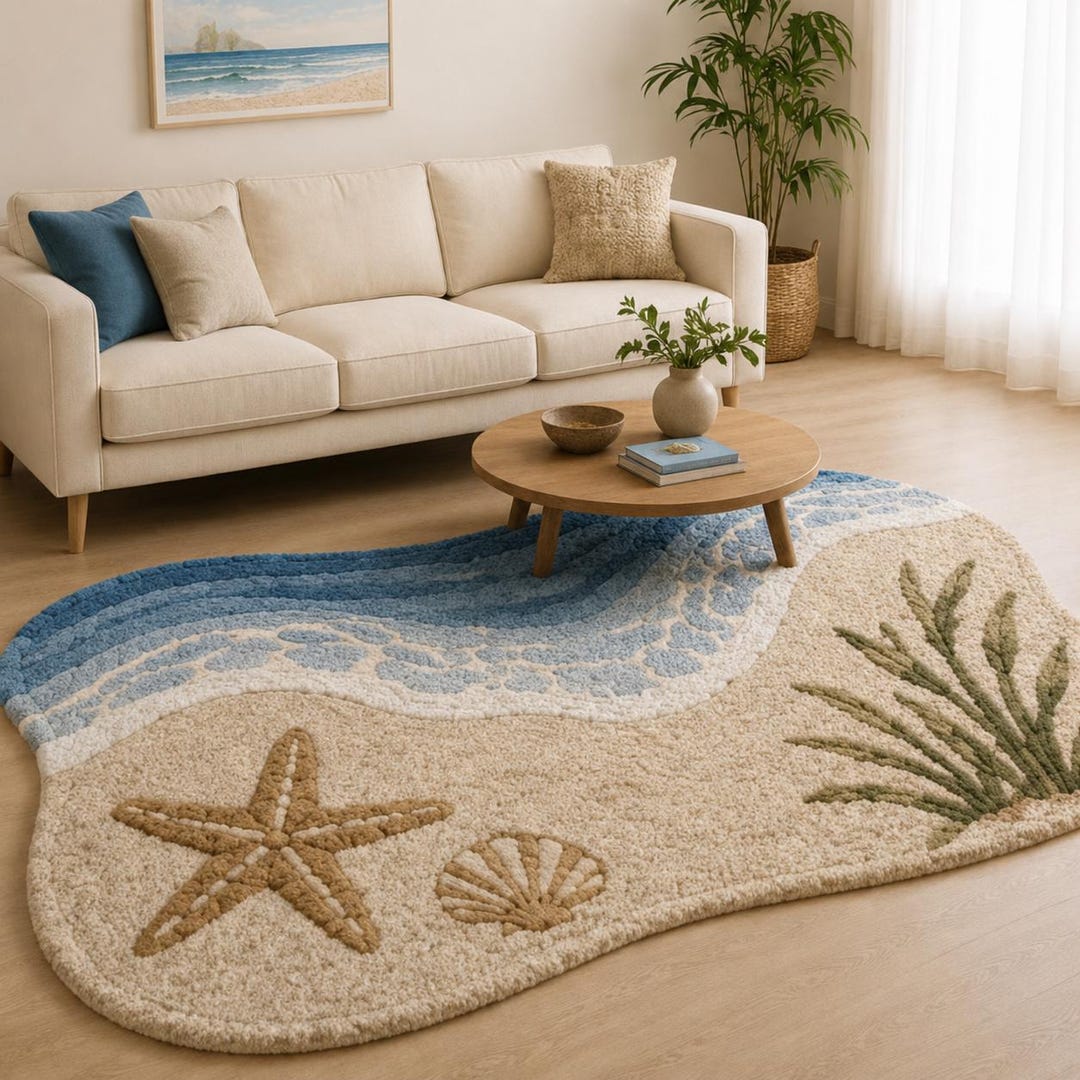 Coastal Beach Tufted Rug – Ocean Waves, Seashell, Starfish Area Rug - Etsy