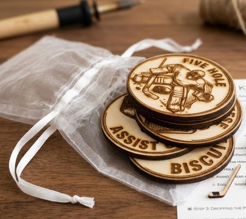 May include: A stack of circular wooden tokens featuring laser-engraved ice hockey imagery and text including Five Hole, Assist, and Biscuit. The tokens are accompanied by a white sheer drawstring pouch and a small wooden hockey stick cutout.