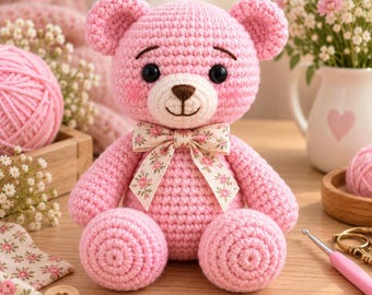 Beginner Crochet Teddy Bear Pattern | Pink Amigurumi Toy (PDF Download)