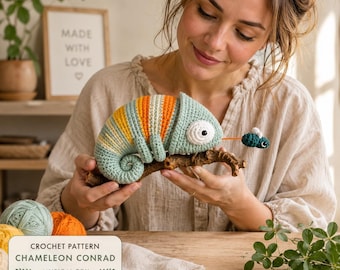 Crochet Chameleon Pattern PDF, Musical Amigurumi Toy, Pull String Music Box (Digital Download)