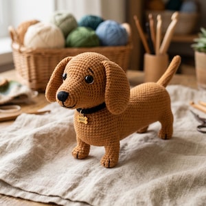 Könnte beinhalten: Ein braunes, gehäkeltes Dackel-Spielzeug mit langen Ohren, einem schwarzen Halsband und einem goldenen, knochenförmigen Anhänger mit der Gravur WOOF. Das Spielzeug hat schwarze Kunststoffaugen und eine schwarze gestickte Nase auf hellem Stoff.