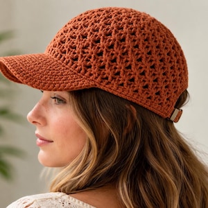 Modello per berretto da baseball all'uncinetto - Cappello estivo marrone fai da te - Tutorial PDF per principianti