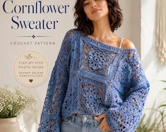 Cornflower Sweater Crochet Pattern, Oversized Granny Square Pullover (PDF Download)