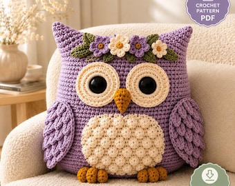 Lavender Owl Crochet Pillow Pattern | Floral Amigurumi Cushion (PDF Download)