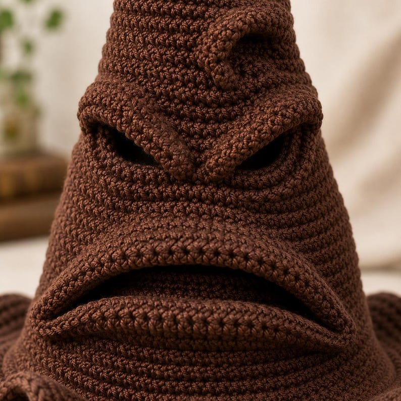 May include: A brown crocheted hat featuring a tall, pointed, conical shape with a wide brim. The hat has a textured surface with visible stitches, including a prominent, folded brow ridge and a wide, horizontal mouth opening near the base.