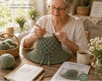 Elegant Lace Sun Hat Crochet Pattern, Floral Bucket Hat (Digital Download)