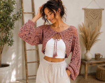 Boho Lace Tie Front Shrug Crochet Pattern | Balloon Sleeve Cardigan (PDF Download)