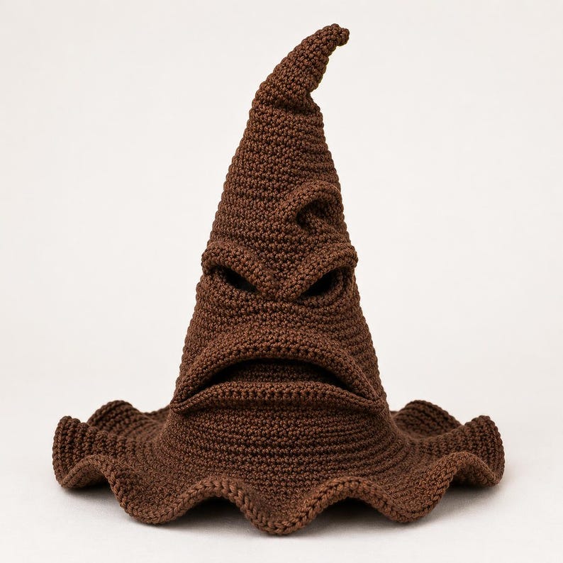 May include: A brown crocheted hat with a tall, pointed, and slightly bent top. The hat features a wide, wavy brim and a textured surface that forms a distinct facial expression with deep, creased folds resembling eyes and a wide, downturned mouth.