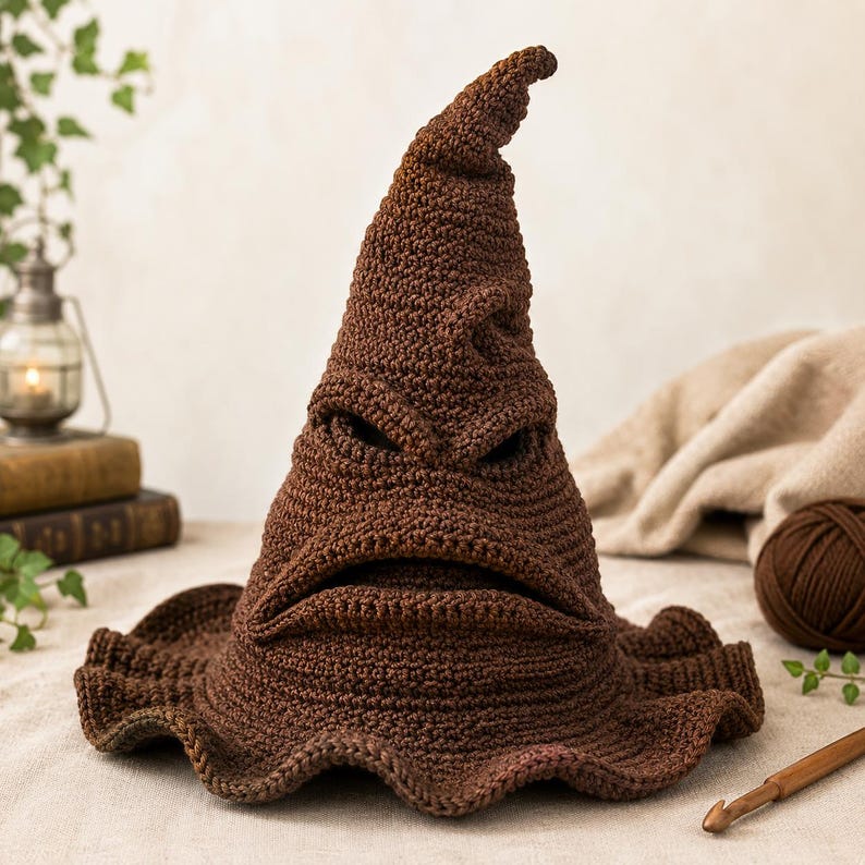 May include: A brown crocheted hat with a tall, pointed, and slightly bent top. The hat features a wide, wavy brim and a textured surface with deep, folded creases that resemble a face, including two eye-like indentations and a wide mouth opening.
