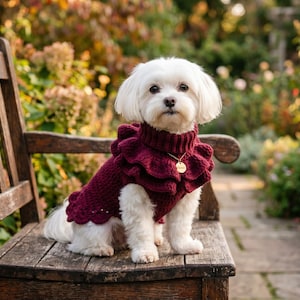 Op de afbeelding: Een kleine witte hond met lang haar draagt een donkerbordeauxrode gebreide trui. De trui heeft een hoge geribbelde col, een dubbellaagse rucheskraag en een geschulpte zoom. Een kleine goudkleurige ronde hanger hangt aan de kraag.
