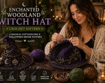Enchanted Woodland Witch Hat Crochet Pattern | Cottagecore Halloween Decor (PDF Download)