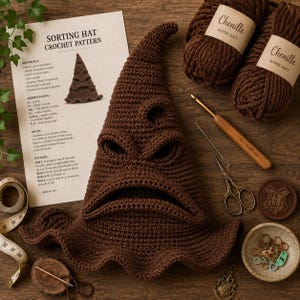 May include: A brown crocheted sorting hat with a pointed top and a wide, wavy brim. The hat features a face-like design with a folded mouth and eye creases. Beside it are two skeins of brown chenille yarn, a wooden crochet hook, scissors, and a pattern.